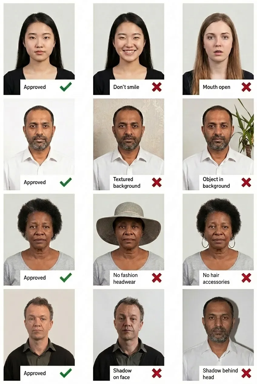 Good and bad examples of passport photos