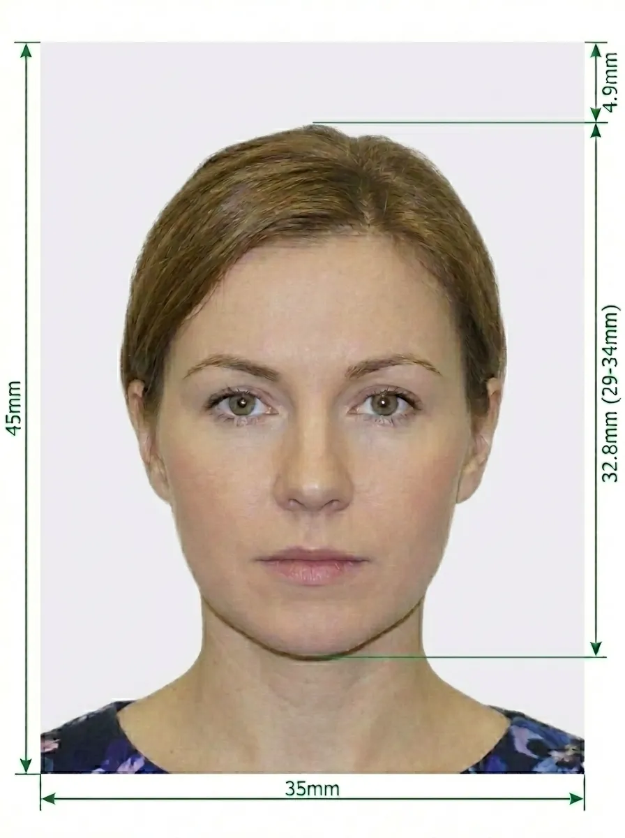 Spain Visa Photo Size Diagram - 35x45 mm Schengen standard with head size approximately 30-36 mm