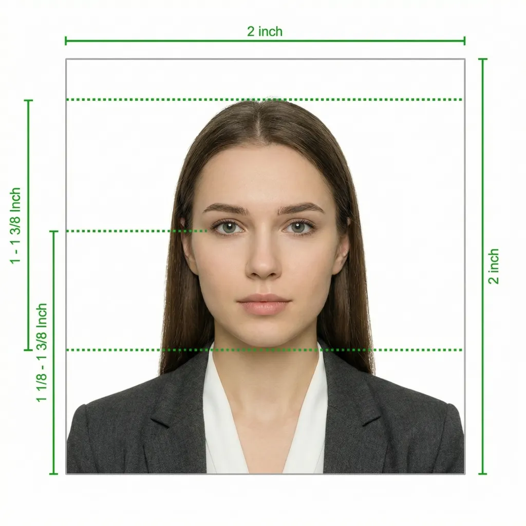 US Passport Photo Size Diagram - 2x2 inches with head size 1 to 1-3/8 inches